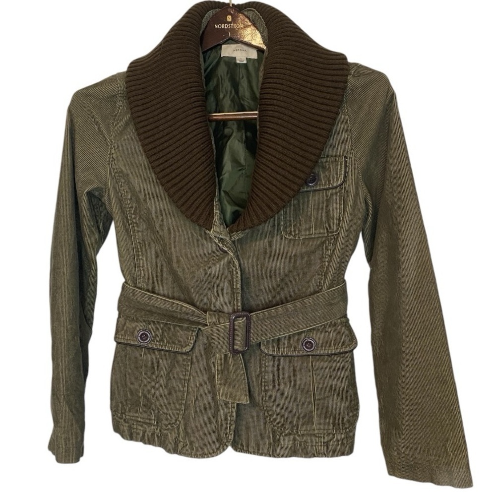 Merona Olive Green Jacket with Brown Ribbed Shawl Collar